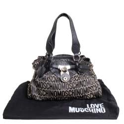 Pre Owned Moschino Black Monogram Leather and Canvas Lock Tote