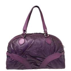 Pre Owned Moschino Purple Crinkled Patent Leather Double Zip Pocket Duffel Bag