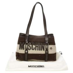 Pre Owned Moschino Brown/White Wool And Leather Logo Tote