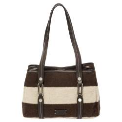 Pre Owned Moschino Brown/White Wool And Leather Logo Tote