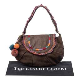 Moschino Brown Leather and Fabric Trim Pom Pom Hobo