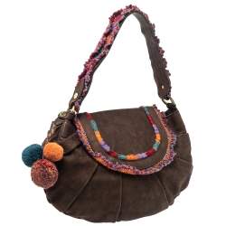 Moschino Brown Leather and Fabric Trim Pom Pom Hobo