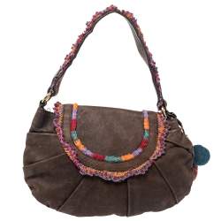 Moschino Brown Leather and Fabric Trim Pom Pom Hobo