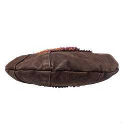 Moschino Brown Leather and Fabric Trim Pom Pom Hobo
