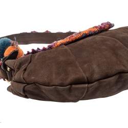 Moschino Brown Leather and Fabric Trim Pom Pom Hobo