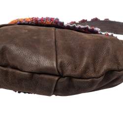 Moschino Brown Leather and Fabric Trim Pom Pom Hobo