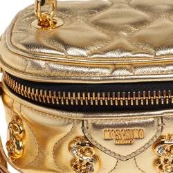 Pre Owned Moschino Gold Quilted Leather Mini Dollaro Top Handle Bag