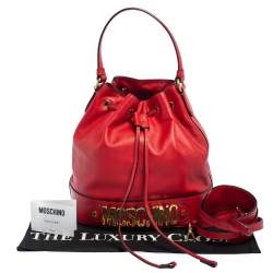 Pre Owned Moschino Red Leather Classic Logo Drawstring Bucket Bag