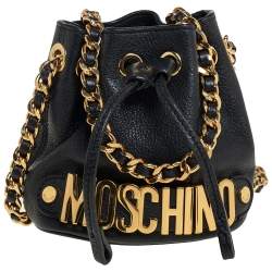 Pre Owned Moschino Black Leather Drawstring Bucket Crossbody Bag