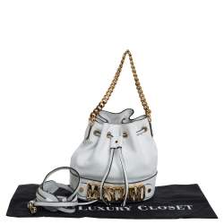 Moschino White Leather Logo Drawstring Bucket Bag