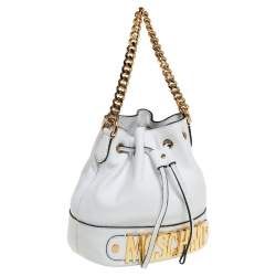 Moschino White Leather Logo Drawstring Bucket Bag