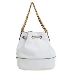 Moschino White Leather Logo Drawstring Bucket Bag