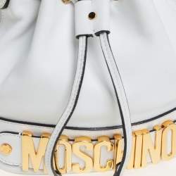 Moschino White Leather Logo Drawstring Bucket Bag