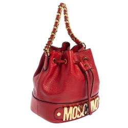 Moschino Red Leather Logo Drawstring Bucket Bag