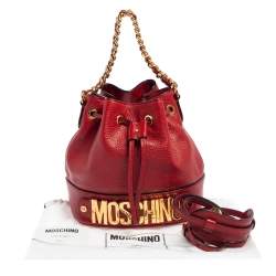 Moschino Red Leather Logo Drawstring Bucket Bag