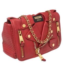 Pre Owned Moschino Red Leather Capsule Biker Jacket Shoulder Bag