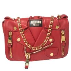 Pre Owned Moschino Red Leather Capsule Biker Jacket Shoulder Bag