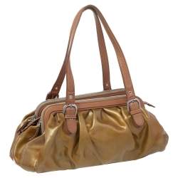 Pre Owned Moschino Metallic Gold/Brown Patent And Leather Satchel