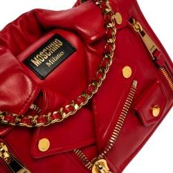 Pre Owned Moschino Red Leather Capsule Biker Jacket Shoulder Bag
