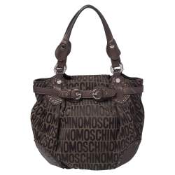 Pre Owned Moschino Brown/Olive Green Signature Canvas and Leather Hobo