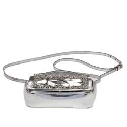 Pre Owned Moschino Silver Patent Leather Embellished Flap Top Handle Bag
