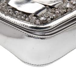 Pre Owned Moschino Silver Patent Leather Embellished Flap Top Handle Bag
