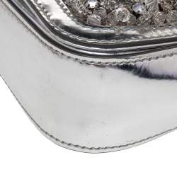 Pre Owned Moschino Silver Patent Leather Embellished Flap Top Handle Bag