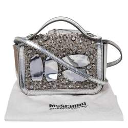 Pre Owned Moschino Silver Patent Leather Embellished Flap Top Handle Bag