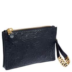 Pre Owned Moschino Black Logo Embossed Leather Wristlet Clutch