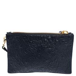 Pre Owned Moschino Black Logo Embossed Leather Wristlet Clutch
