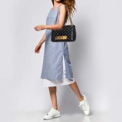Moschino Black Quilted Leather Logo Flap Shoulder Bag