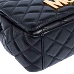 Moschino Black Quilted Leather Logo Flap Shoulder Bag
