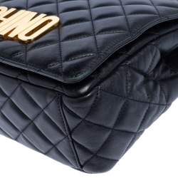 Moschino Black Quilted Leather Logo Flap Shoulder Bag