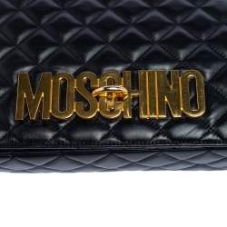 Moschino Black Quilted Leather Logo Flap Shoulder Bag