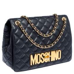 Moschino Black Quilted Leather Logo Flap Shoulder Bag
