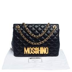 Moschino Black Quilted Leather Logo Flap Shoulder Bag