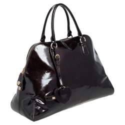 Pre Owned Moschino Dark Brown Patent Leather Heart Charm Dome Satchel