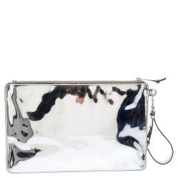 Pre Owned Moschino Silver Leather And PVC Pill Blister Wristlet Clutch