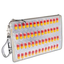 Pre Owned Moschino Silver Leather And PVC Pill Blister Wristlet Clutch