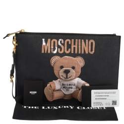 Moschino Black Coated Canvas Medium Teddy Bear Print Wristlet Clutch