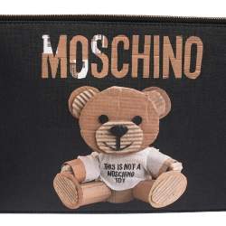 Moschino Black Coated Canvas Medium Teddy Bear Print Wristlet Clutch