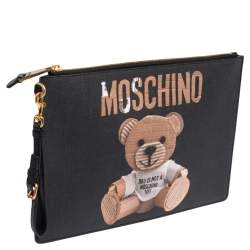 Moschino Black Coated Canvas Medium Teddy Bear Print Wristlet Clutch