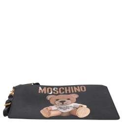Moschino Black Coated Canvas Medium Teddy Bear Print Wristlet Clutch