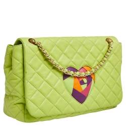 Pre Owned Moschino Apple Green Quilted Leather Flap Shoulder Bag