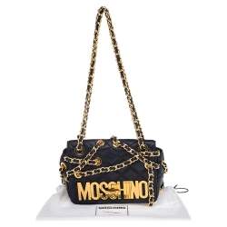 Pre Owned Moschino Black Quilted Leather Logo Flap Chained Shoulder Bag