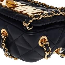 Pre Owned Moschino Black Quilted Leather Logo Flap Chained Shoulder Bag