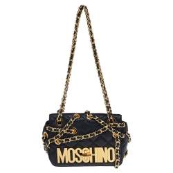 Pre Owned Moschino Black Quilted Leather Logo Flap Chained Shoulder Bag