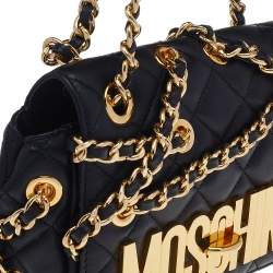 Pre Owned Moschino Black Quilted Leather Logo Flap Chained Shoulder Bag