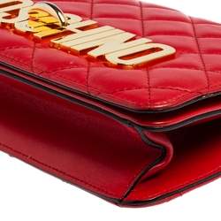 Pre Owned Moschino Red Quilted Leather Logo Flap Shoulder Bag