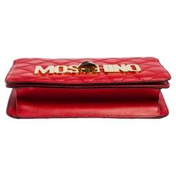 Pre Owned Moschino Red Quilted Leather Logo Flap Shoulder Bag